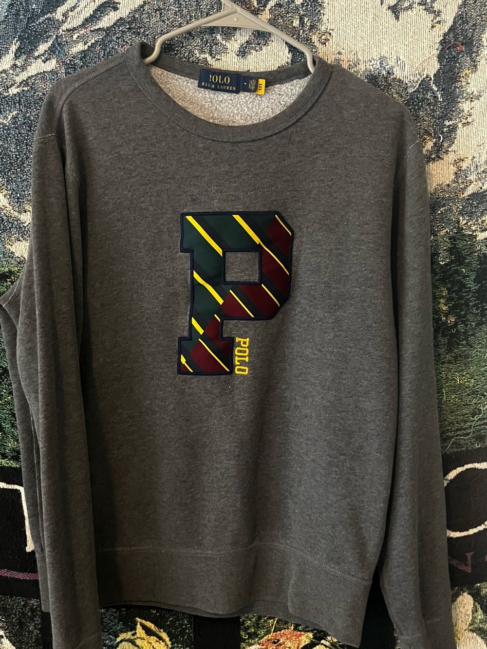 Ralph Lauren Gray Crewneck Sweatshirt with Striped 'P' Patch
